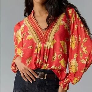 ANTHROPOLOGIE Bl-nk London Stephanie Top Red Floral Peasant Boho XS NWT